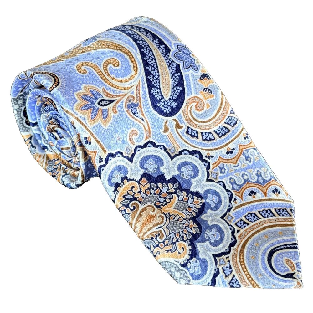 JZ Richards Necktie 60"x 3-1/8" Blue Gold Tan Paisley Silk Tie Handmade USA EUC